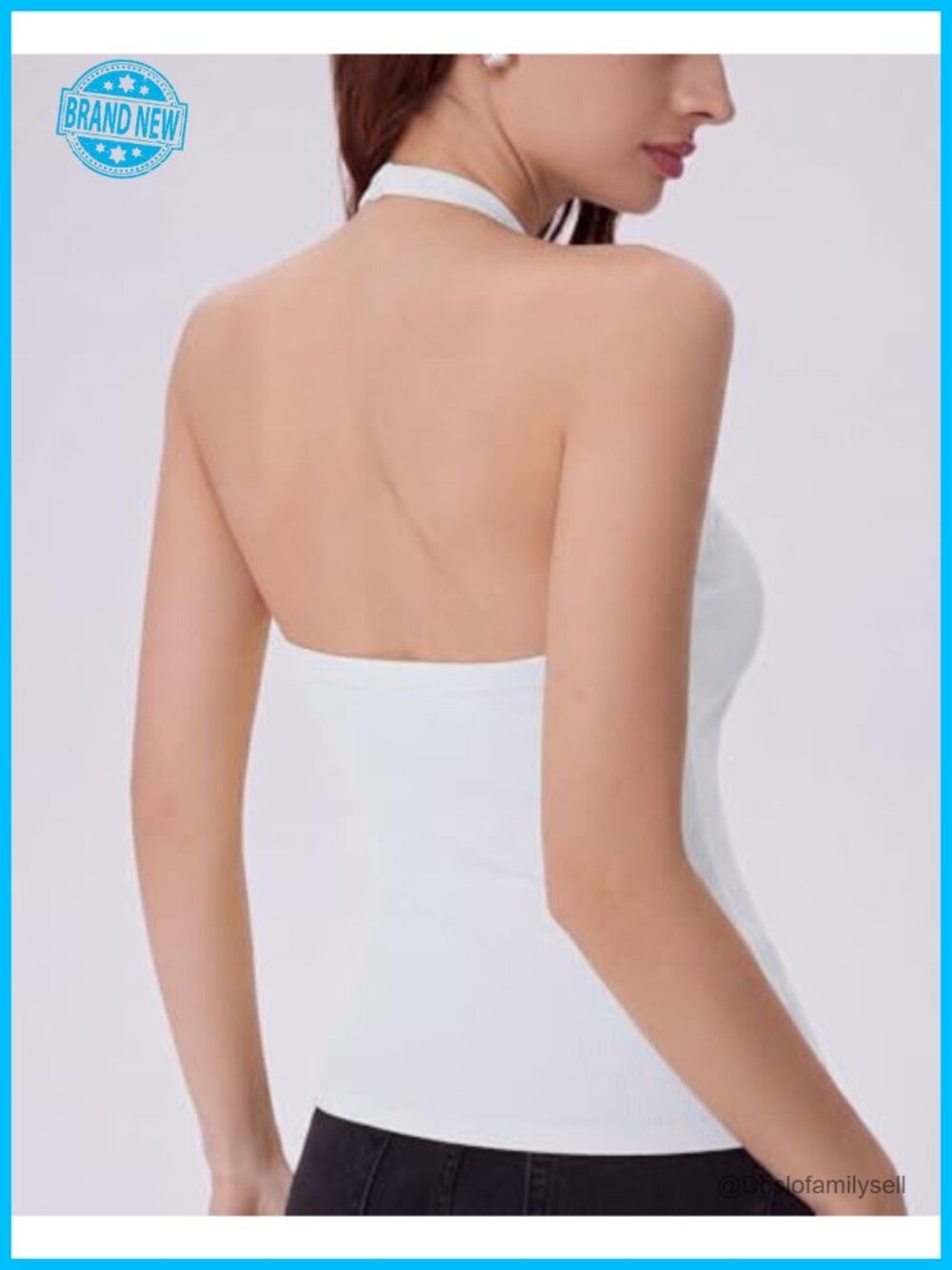 Halter Tank Top with Built in Bra Cotton Ribbed V Neck Cami Sleeveless - Picture 2 of 7